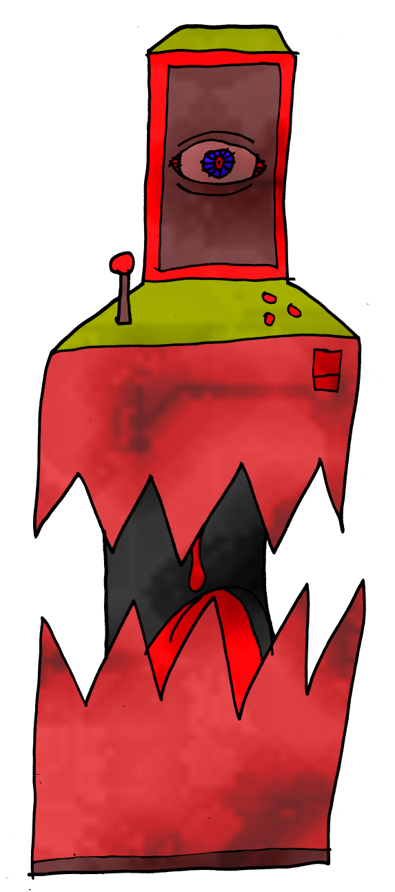 A demonic arcade cabinet with a toothy maw and red eye